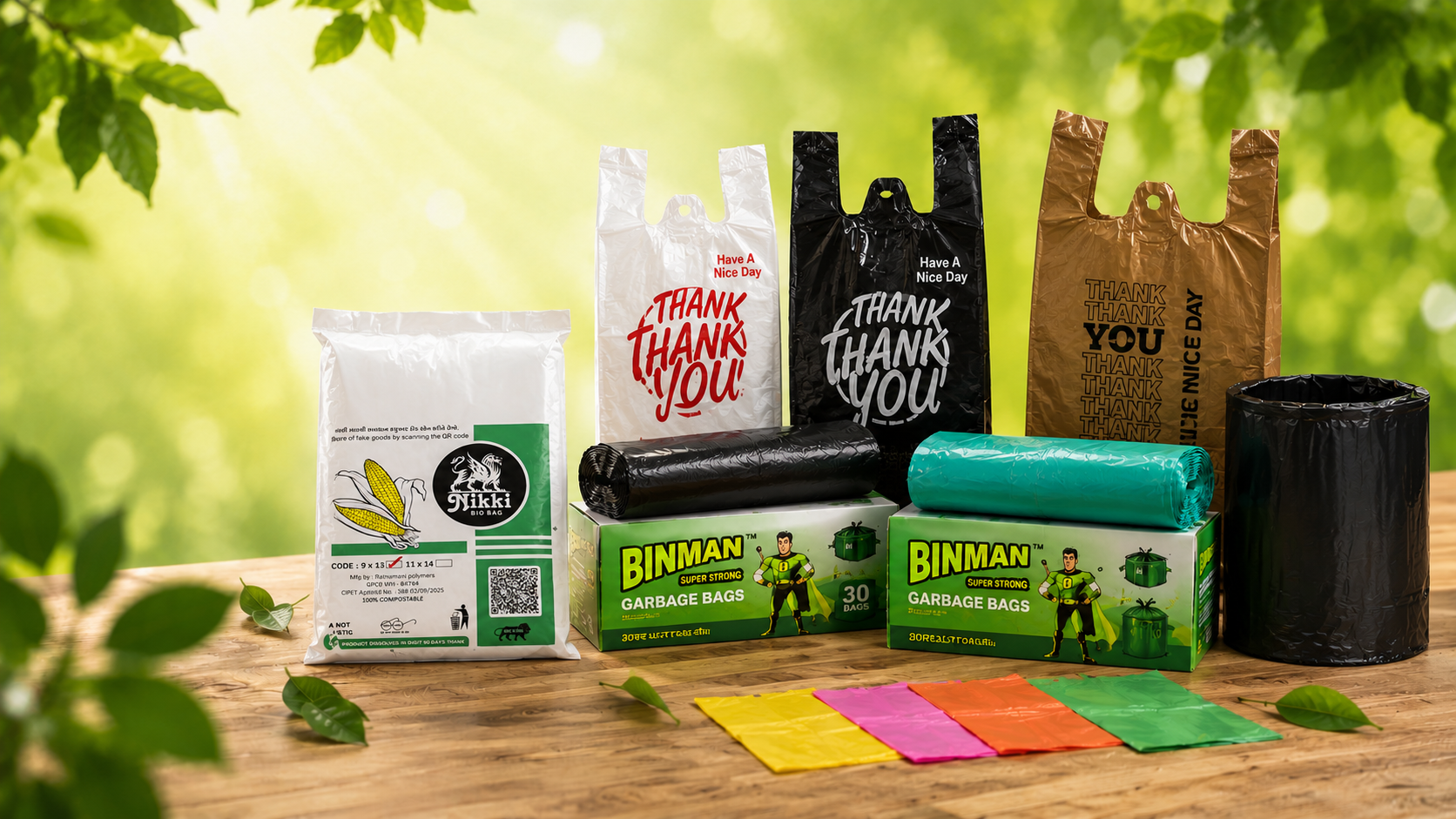 Nikki Bio Bag, Thank You carry bags and Binman garbage bag boxes arranged on a wooden table with green foliage behind