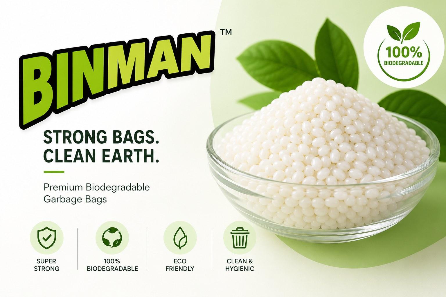 Binman: strong bags, clean earth. Premium biodegradable garbage bags, made from plant-based resin.