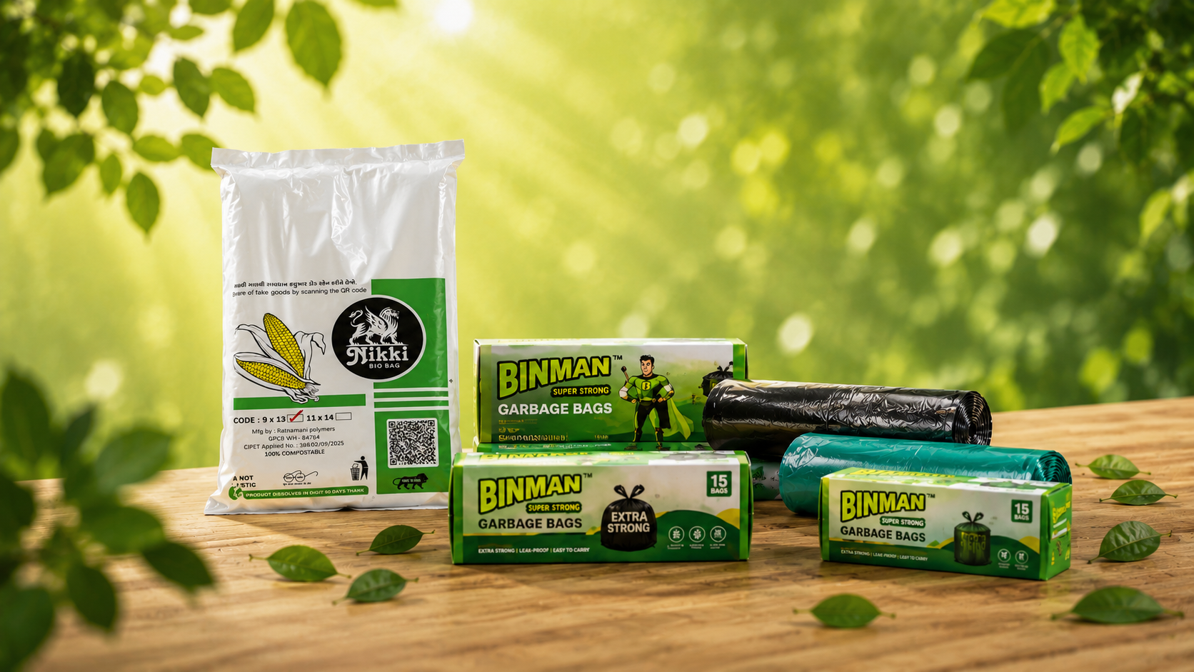 Nikki Bio Bag and Binman garbage bag boxes on a wooden table with green foliage behind